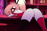 1girl 1girl ai ai_art ai_generated alcohol anus ass asymmetrical_legwear bar_place bar_stool bent_over black_thighhighs bottle breasts cherri_bomb colored_sclera colored_skin counter cup drinking_glass from_behind hazbin_hotel indoors long_hair looking_at_viewer looking_back mismatched_legwear pink_hair ponytail presenting pussy red_eyes red_shirt red_thighhighs sharp_teeth shirt smile stockings stool symbol-shaped_pupils teeth uncensored white_skin wine wine_bottle wine_glass x-shaped_pupils yellow_sclera