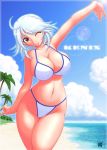 1girl beach big_breasts bikini breasts brown_eyes cameltoe cover erect_nipples kenix large_breasts lens_flare one_eye_closed original smile solo swimsuit white_hair wink