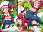  1girl all_fours angry ass bag blush breasts brown_eyes brown_hair cameltoe hat hat_ribbon kotone kotone_(pokemon) lyra natu nintendo nipples overalls poke_ball pokegear pokemoa pokemon pokemon_(game) pokemon_gsc pokemon_hgss red_ribbon ribbon small_breasts soara thighhighs torn_clothes 