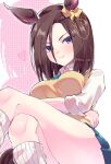 1girl air_groove_(umamusume) animal_ears blue_bow blue_eyes blue_skirt blush bow breasts brown_hair closed_mouth collared_shirt commentary_request crossed_arms ear_bow hair_between_eyes heart high_res horse_ears horse_girl horse_tail kuu_12r leg_warmers legs linked_piercing long_sleeves looking_at_viewer official_alternate_costume piercing school_uniform shirt short_hair skirt smile sweater_vest tail umamusume umamusume_pretty_derby white_shirt yellow_bow yellow_sweater_vest
