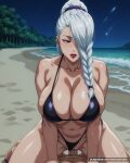  1boy 1girl 1girl beach big_breasts bikini bikini_bottom_aside black_bikini blush braid braided_bangs braided_ponytail breasts brown_eyes cleavage clothing clothing_aside collarbone cowgirl_position girl_on_top hair_over_one_eye hetero huge_breasts lips lipstick long_hair male mature_female navel night night_sky ocean outside patreon_username penis ponytail pussy red_lips sand sex shore side-tie_bikini_bottom sky solo_focus star_(sky) straddling sweat swimsuit thighs tree vaginal waifuai_studio water web_address white_hair 