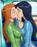 2_girls against_wall arm_at_side big_breasts black_hair blue_bodysuit bodysuit breasts britney_(totally_spies) chin_grab closed_eyes couple covered_erect_nipples covered_nipples critadako day duo female/female female_only friends green_bodysuit hand_up heroine indoors kissing lips lipstick long_hair love makeup medium_breasts multiple_girls mutual_yuri neck orange_hair pink_lipstick romantic romantic_couple saliva sam_(totally_spies) skin_tight straight_hair teen teenage_girl totally_spies train train_interior window yuri