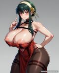  1girl 1girl 1girl alternate_breast_size areola areola_slip bangs bare_shoulders big_breasts black_hair black_pantyhose blush breasts cleavage closed_mouth clothing clothing_cutout collarbone curvaceous curvy dress earrings female_only flower gold_earrings gold_hairband grey_background hair_flower hair_ornament hairband hand_on_own_hip headwear huge_breasts index_finger_raised jewelry legwear long_hair looking_at_viewer navel navel_cutout nipple_slip nipples pantyhose patreon_username pelvic_curtain red_dress red_eyes rose sidelocks simple_background smile spy_x_family standing thick_thighs thigh_strap thighs waifuai_studio web_address wide_hips yor_briar 
