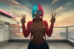 1girl 1girl abs ai ai_art ai_generated black_lips blue_eyeshadow blue_hair blue_lips blue_nails blue_pants breasts cloud collarbone cropped_jacket dark-skinned_female dark_nipples dark_skin dispatch double_v exhibitionism facing_viewer freckles green_lips hands_up high_collar jacket lipstick long_sleeves makeup medium_breasts multicolored_hair nail_polish navel nipples no_bra no_shirt open_clothes open_jacket outside pants pasties pink_hair prism public_indecency railing red_hair red_jacket red_lips rooftop short_hair sky smile split-color_hair sunset topless twilight two-tone_hair unzipped v zipper zipper_pull_tab