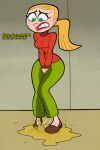 1girl 1girl blonde_hair cartoon_network claire_(billy_&amp;_mandy) clothed embarrassed omorashi pants pee peeing peeing_self ponytail the_grim_adventures_of_billy_and_mandy turtleneck_sweater yellow_hair
