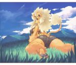  black_panties clouds essui essui_(artist) feline female furry grass lion looking_at_viewer looking_back panties sitting solo tooth underwear 