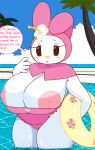 1girls 2d_(artwork) 2d_artwork anthro areola areola_slip big_areola big_breasts black_eyes blush blush_stickers breasts bunny bunny_girl cameltoe capelet cassettedream casual_one-piece_swimsuit cleavage clothing dialogue digital_media_(artwork) dream-cassette exposed_breasts female female_only floral_print flower frilled_one-piece_swimsuit frills furry furry_female hair_flower hair_ornament half-closed_eyes hibiscus holding_object hood hooded_capelet hoshime huge_areola huge_breasts innertube lagomorph leporid my_melody nipple_slip nipples one-piece_swimsuit onegai_my_melody palm_tree partially_submerged pool raised_eyebrows solo standing strapless_one-piece_swimsuit swimsuit text thick_thighs tree wading wet white_fur wide_hips 
