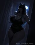  1girl 1girl ai_generated animal_ears backlighting bare_shoulders black_hair black_one-piece_swimsuit blue_eyes blunt_bangs breasts bursting_breasts cleavage closed_mouth curtains curvy dark doorway full_moon glowing glowing_eyes gradient_hair huge_breasts long_hair looking_at_viewer moon moonlight multicolored_hair night night_sky nyx_x one-piece_swimsuit open_door opening_door plump pov_doorway sensitive skindentation sky swimsuit thick_thighs thighs twitter_username undersized_clothes wide_hips 