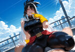 1boy1girl ai_generated bodysuit boku_no_hero_academia bulge city cityscape curvy curvy_female curvy_figure gilf grinding long_hair mature_female milf my_hero_academia nana_shimura superheroine