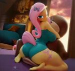  3d 3d_(artwork) aqua_dress aqua_eyes butterfly_hair_ornament female_focus fluttershy fluttershy_(mlp) furry furry_female gif hasbro hooves-art hugging looking_back my_little_pony my_little_pony:_friendship_is_magic pink_hair tail teddy_bear twerking voluptuous_female yellow_fur 