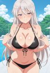  1girl ai_generated azur_lane big_breasts bikini black_bikini blush breasts cleavage enterprise_(azur_lane) female_only fingers_on_breasts long_hair outdoor_pool outside pool poolside purple_eyes ship_girl smile solo_female vegaforge white_hair 