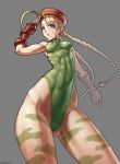 1girl abs beret blonde_hair blue_eyes bodypaint braid breasts cameltoe cammy_white capcom erect_nipples fingerless_gloves gloves hat highleg highleg_leotard leotard long_hair muscle nipples perspective salute scar solo speeh speh street_fighter street_fighter_ii twin_braids