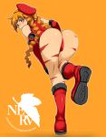  1girl ass asuka_langley_souryuu bad_id beret boots braid cammy_white cammy_white_(cosplay) capcom cosplay hat kosame_daizu looking_back neon_genesis_evangelion orange_background orange_hair rebuild_of_evangelion simple_background solo street_fighter twin_braids 