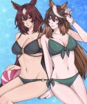 2_girls animal_ears ball bare_shoulders beachball big_breasts bikini black_bikini blush breasts brown_hair cleavage closed_mouth collarbone ear_ornament earrings green_bikini hair_between_eyes high_res horse_ears horse_girl horse_tail jewelry long_hair looking_at_viewer multicolored_hair multiple_girls navel purple_eyes red_eyes sirius_symboli_(umamusume) smile stomach streaked_hair sunny_pretzel swimsuit symboli_rudolf_(umamusume) tail umamusume umamusume_pretty_derby very_long_hair white_hair