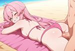  1boy 1girls ai_generated beach bikini blush breasts celestiumart green_eyes hand_on_hip indie_virtual_youtuber indie_vtuber laying_on_stomach long_hair looking_back medium_breasts naked_male nude nude nude_male on_towel one_eye_closed outside penis_in_pussy pink_bikini pink_hair sex smile vaginal_penetration virtual_youtuber vtuber 