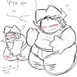 1boy 1girl ashamed belly blaehine blush chubby chubby_male clothed clothing colorless doodle embarrassed embarrassed_male erection fat_male fatty haruki_teshigawara kneel looking_at_self male male_focus male_only monochrome no_color oc on_knees one_eye_closed original original_character plump sketch solo_focus solo_male tremble_spikes xd