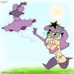 aqua_panties blush blush boots breasts chasing covering covering_breasts eddy_nat ellie_(eddy_nat) embarrassed embarrassed_nude_female embarrassing enf floating_clothes flying gloves green_eyes original_character panties purple_hair running topless underwear