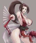 1girl bare_shoulders big_breasts breasts brown_eyes brown_hair cleavage dtcy fan fatal_fury folding_fan hips japanese_clothes king_of_fighters large_breasts long_hair open_mouth panties pelvic_curtain ponytail revealing_clothes shiranui_mai side_slit snk solo the_king_of_fighters underwear wide_hips