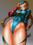 1girl beret blonde_hair blue_eyes blush boken_fantasy braid cammy_white capcom fingerless_gloves garrison_cap gloves hat leotard long_hair scar solo street_fighter twin_braids