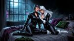 2_girls ai_generated bed bedroom black_cat black_cat_(marvel) black_hair bodysuit catwoman crazykings crossover dc dc_comics goggles_on_head leather_clothing lesbian_couple marvel marvel_comics mask naughty_face naughty_smile stable_diffusion white_hair