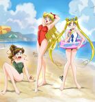 3_girls adult_swim alluring anello81 arms_behind_head arms_up beach big_breasts bishoujo_senshi_sailor_moon bishoujo_senshi_sailor_moon_r bishoujo_senshi_sailor_moon_r_the_movie bishoujo_senshi_sailor_moon_s bishoujo_senshi_sailor_moon_s_the_movie bishoujo_senshi_sailor_moon_supers bishoujo_senshi_sailor_moon_supers_the_movie blonde_hair blue_one-piece_bikini bow brown_hair clenched_teeth commentary day double_bun earrings english_commentary flower_earrings goggles goggles_on_head green_one-piece_swimsuit hair_bobbles hair_bow hair_bun hair_ornament high_res jewelry looking_at_another looking_at_viewer makoto_kino minako_aino multiple_girls one-piece_bikini open_mouth orange_one-piece_bikini outside ponytail pool_float raised_eyebrows red_bow smile stud_earrings swimsuit teeth toei_animation toonami usagi_tsukino viz_media