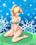  1girl alternate_hairstyle aqua_eyes barefoot between_legs bikini blonde_hair blue_eyes blush bottomless breasts cleavage feet frilled_bikini frills front-tie_bikini front-tie_top hair_over_one_eye hand_between_legs hands highres large_breasts long_hair looking_at_viewer navel nintendo open_mouth photoshop ponytail pussy rosetta_(mario) sigurd_hosenfeld sigurdhosenfeld sitting smile soles solo star super_mario_bros. super_mario_galaxy swimsuit toes uncensored v_arms wariza 