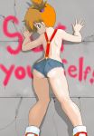 against_wall ass green_eyes gym_leader highres kasumi_(pokemon) looking_back misty naked_suspenders orange_hair pokemon shoes short_hair short_shorts shorts side_ponytail sneakers solo suspenders tof topless