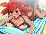  1boy 1girl :o ass ass_grab asuna_(pokemon) beach bent_over big_breasts bikini bikini_lift blush boris_(noborhys) bottomless breasts doggy_position erect_nipples gym_leader male/female nipples open_mouth pokemon pokemon_(game) pokemon_oras red_eyes red_hair sex shiny shiny_skin spread_legs sweat swimsuit tan tan_line vaginal 