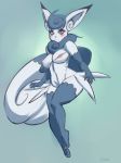 1girl animal_ears anthro anthrofied big_breasts blue_hair blush_stickers breasts commentary elbow_gloves full_body furry gloves highres large_breasts live_for_the_funk meowstic navel nipples nude orange_eyes pokemon pokemon_(game) pokemon_xy scar short_hair solo tail thighhighs