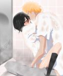 1boy 1girl absurdres black_hair black_legwear bleach blush bottomless brown_eyes clothed_sex couple derivative_work hair_between_eyes highres holding in_lap kneehighs kuchiki_rukia kurosaki_ichigo low_res lowres mixed_bathing orange_hair photoshop purple_eyes rukia_kuchiki school_uniform see-through sex shirt short_hair shower sitting sitting_on_lap sitting_on_person steam stiky_finkaz straddling tia_(tiana_cream) upright_straddle vaginal wet wet_clothes