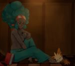 afro aloe blue_hair book breasts dark_skin lillipup pokemon sitting sleeping topless