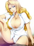 1girl areolae between_breasts big_breasts bleach blonde_hair blue_eyes breasts cleavage female_only hairu huge_breasts jewelry lips long_hair looking_at_viewer matsumoto_rangiku mole necklace nipple_slip nipples open_clothes open_mouth open_shirt panties rangiku_matsumoto school_uniform shirt skirt skirt_around_one_leg solo_female underwear white_panties