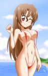 1girl beach bikini breasts brown_hair cloud erect_nipples goriate hayate_no_gotoku! hayate_the_combat_butler long_hair maria_(hayate_no_gotoku!) ocean one_eye_closed red_eyes sea sky sling_bikini smile solo swimsuit wink