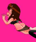 ass bigbootyinc blush boots bottomless brown_hair bubble_butt closed_eyes embarrassing leopard_print long_hair no_panties shiny shiny_skin skirt_pull