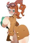 ass_up big_ass big_breasts big_breasts bikini blush blush breasts clothing erect_nipples glasses glasses_on_head green_eyes hair_accessory looking_at_viewer nintendo nipple_bulge open_clothes open_mouth orange_hair pokemon pokemon_ss ponytail raised_eyebrow simple_background skimpy solid_color_background sonia_(pokemon) strap_gap string_bikini trenchcoat undressing white_background