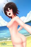 1_female 1_girl 1girl areola ass beach breasts cslucaris female female_only female_solo looking_at_viewer looking_back nipples nude one_eye_closed outdoor outdoor_nudity outside ruby_rose rwby self_shot selfpic short_hair solo solo_female