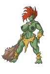 big_breasts bracelet breasts earring green_skin loincloth lordstevie lordstevie_(artist) muscle necklace nipple ogre orange_eyes orange_hair pubic_hair pussy shiny shiny_skin weapon