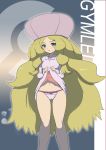 1girl bee-j1 blonde_hair blush breasts cameltoe cattleya cattleya_(pokemon) dress dress_lift elite_four erect_nipples flat_chest green_eyes hat highres long_hair makoto_daikichi open_mouth panties pink_panties pokemon pokemon_(game) pokemon_black_and_white pokemon_bw small_breasts solo underwear very_long_hair