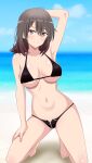  1girl alluring bare_legs beach big_breasts bikini black_hair blue_sky cleavage kiniro_tofu ocean pin_up purple_eyes silf undeboob yahari_ore_no_seishun_lovecome_wa_machigatteiru. yukinoshita_haruno 