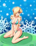  1girl alternate_hairstyle aqua_eyes barefoot between_legs bikini blonde_hair blue_eyes blush breasts cleavage feet frilled_bikini frills front-tie_bikini front-tie_top hair_over_one_eye hand_between_legs hands highres large_breasts long_hair looking_at_viewer navel nintendo open_mouth photoshop rosetta_(mario) sigurd_hosenfeld sigurdhosenfeld sitting smile soles solo star super_mario_bros. super_mario_galaxy swimsuit toes v_arms wariza 