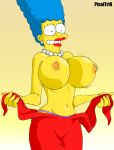 big_breasts blue_hair breasts earring hair lipstick long_hair marge_simpson milf necklace nipple panties pixaltrix purple_panties red_lipstick smile the_simpsons topless yellow_skin