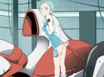 aqua_hair bent_over blue_hair breasts cleavage dress eureka eureka_seven garage hair indoors inside looking_back nirvash panties pose pov purple_eyes scared short_hair skirt small_breasts surprise surprised teal_hair underwear violet_eyes