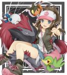  180yen_(artist) 1girl between_breasts blue_eyes breasts brown_hair carrying female game_freak hat hilda_(pokemon) humans_of_pokemon mijumaru nintendo oshawott pointing pokabu pokemon pokemon_(game) pokemon_black_and_white pokemon_bw princess_carry protagonist_(pokemon) shorts snivy tepig touko_(pokemon) white_(pokemon) zoroark 