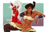 2_girls 2girls avatar:_the_last_airbender blue_eyes breasts brown_hair cleavage crossover dark-skinned_female dark_skin demon ehryel female female/female female_only kneesocks_daemon korra lipstick muscle panty_&_stocking_with_garterbelt ponytail red_skin the_legend_of_korra twin_tails white_hair x-arielle yellow_eyes