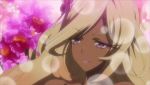 1girl anime bangs blonde_hair bouncing_breasts breast_hold breasts butterfly_hair_ornament cleavage dark-skinned_female dark_skin eyeshadow gif hair_ornament large_breasts lips long_hair onigiri_(mmorpg) purple_eyes