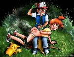 animated ash_ketchum ass blush clothed el_manto_negro fingerless_gloves gif hat kasumi_(pokemon) misty nintendo outside panties panty_pull pikachu pokemon ponytail satoshi satoshi_(pokemon) short_hair spank spanked spanking