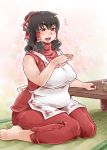 1girl adapted_costume apron barefoot bbw big_breasts black_hair blush bow breasts brown_eyes chubby cookie_(touhou) female hair_bow hair_tubes hakurei_reimu kanna_(cookie) large_breasts pants plump ponytail ribbed_sweater sitting sleeveless solo sweater table tatami tobatoinu touhou wariza