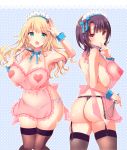  2_girls apron ass atago_(kantai_collection) big_breasts blonde_hair blush breasts brown_eyes brown_hair cute green_eyes heart kantai_collection long_hair looking_at_viewer mozuya_murasaki multiple_girls nipples short_hair smile takao_(kantai_collection) underwear 