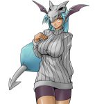  aerodactyl blue_hair blush breasts dark_skin emukon hair hair_over_one_eye huge_breasts long_hair mask moemon personification pokemon shorts smile wings yellow_eyes 