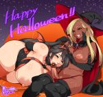 2girls agawa_ryou black_eyes black_hair black_legwear blonde_hair breasts cape censored dark_skin demon_tail earrings elbow_gloves fellatio female futanari futanari_on_female ganguro gloves grin halloween hand_on_another's_head hand_on_head hat horns huge_breasts jewelry long_hair multiple_girls nipples open_mouth oral original panties penis penis_in_panties plump purple_eyes sex short_hair sitting smile tail tears thighhighs underwear witch_hat